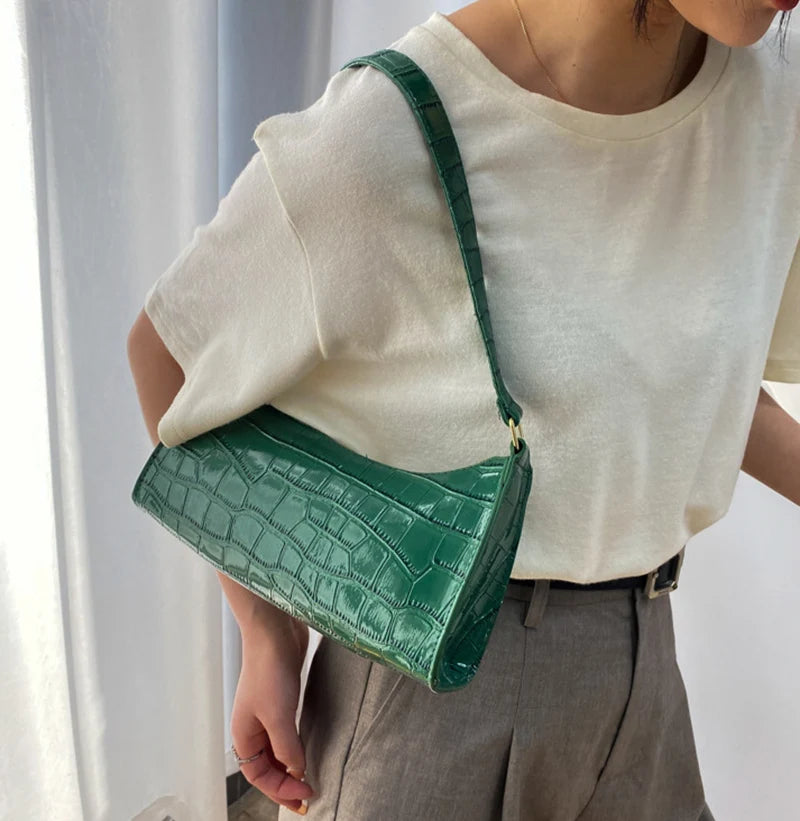 Borsa Sottospalla Donna Effetto Coccodrillo - Baguette Bag in Pelle PU Fashion