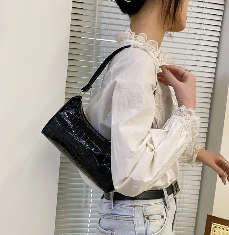 Borsa Sottospalla Donna Effetto Coccodrillo - Baguette Bag in Pelle PU Fashion