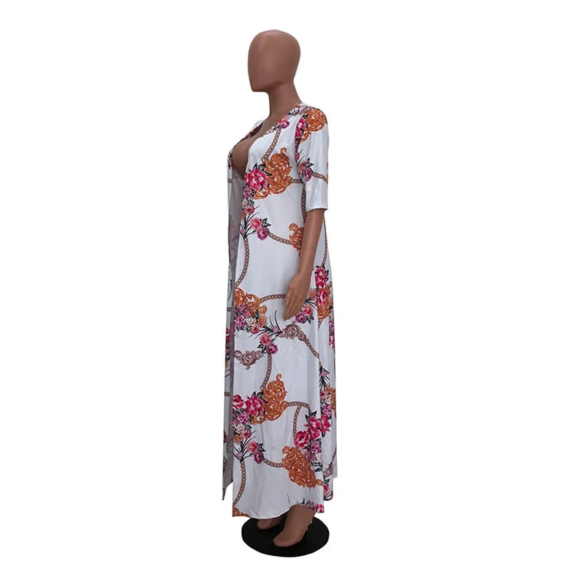 Completo Estivo Donna Due Pezzi - Cardigan Lungo e Pantaloni Aderenti Stile Boho Casual