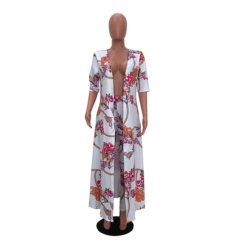 Completo Estivo Donna Due Pezzi - Cardigan Lungo e Pantaloni Aderenti Stile Boho Casual