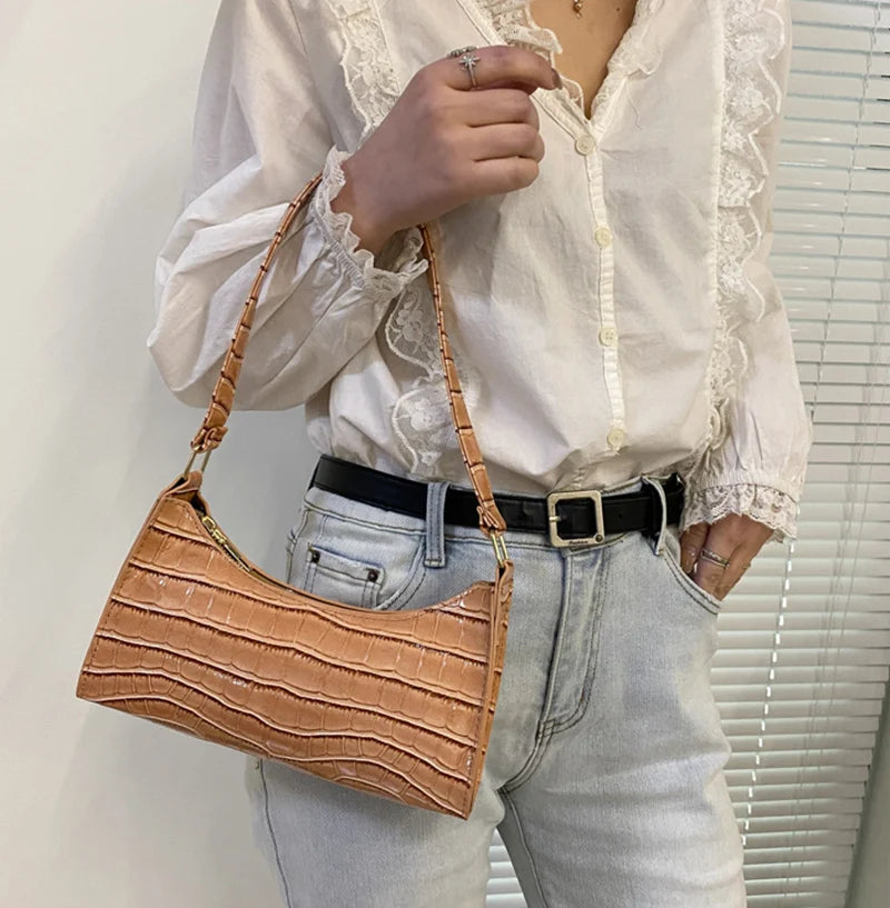 Borsa Sottospalla Donna Effetto Coccodrillo - Baguette Bag in Pelle PU Fashion