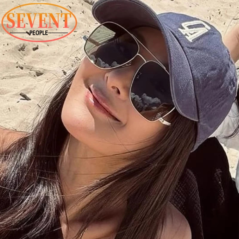 Oversized Pilot Shiled Sunglasses Women 2026 Luxury Brand Vintage Square Metal Frame Shades Eyewear For Ladies Double Beam