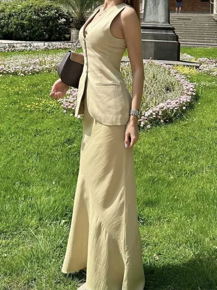 HH Women Vest Skirt Sets Female Khaki Long Blazer Vest V Neck Sleeveless Slim Top+Elegant High Waist A Line Skirt Suit TRAF