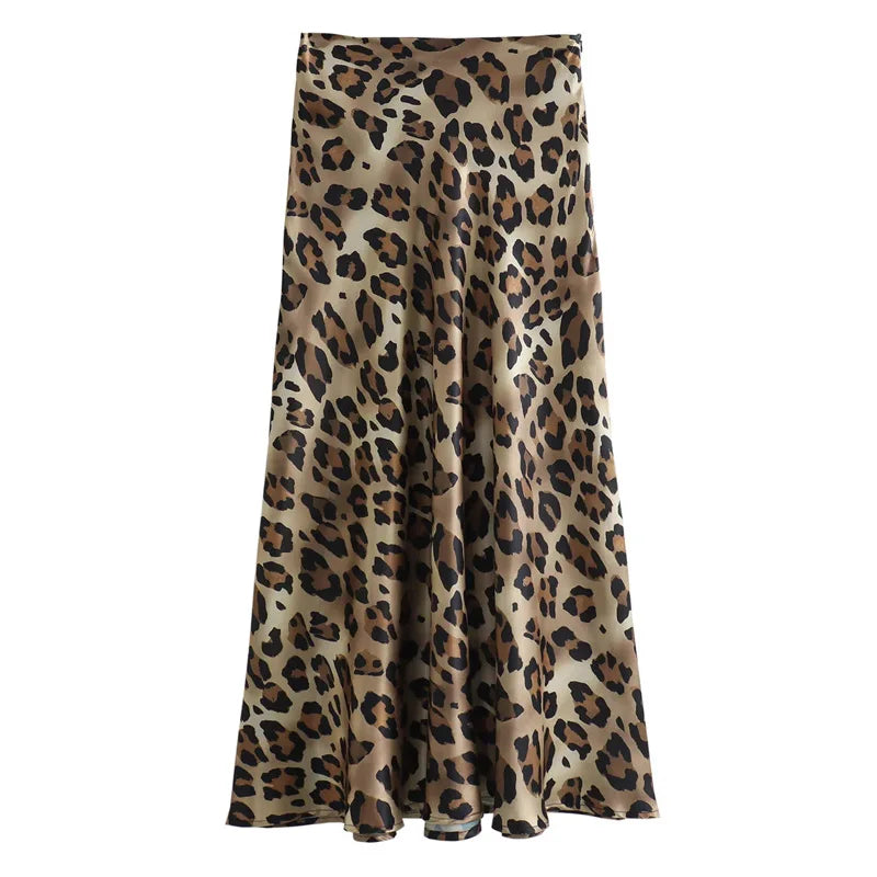 HXAO Women's Skirts Leopard Long Skirts For Women Vintage Satin Animal Print Skirt Woman Fashion High Waist Elegant Midi Skirts