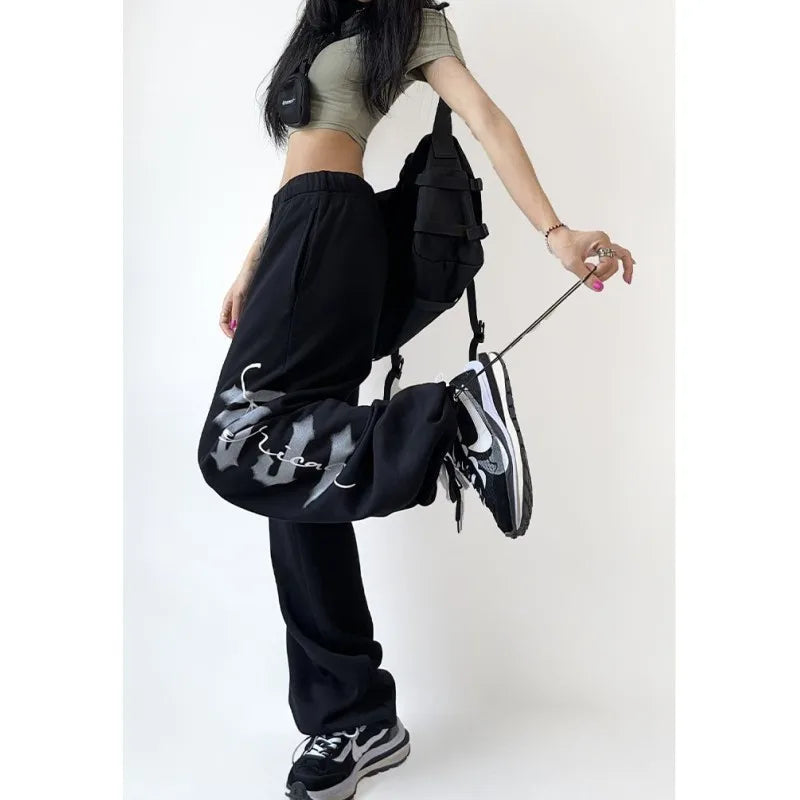 Pantaloni Donna Streetwear | Letter Print Wide Leg Trousers