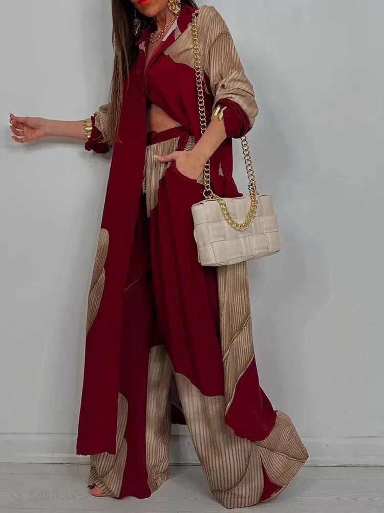 Completo Due Pezzi Donna — Camicia Lunga Stampata e Pantaloni Wide Leg Casual