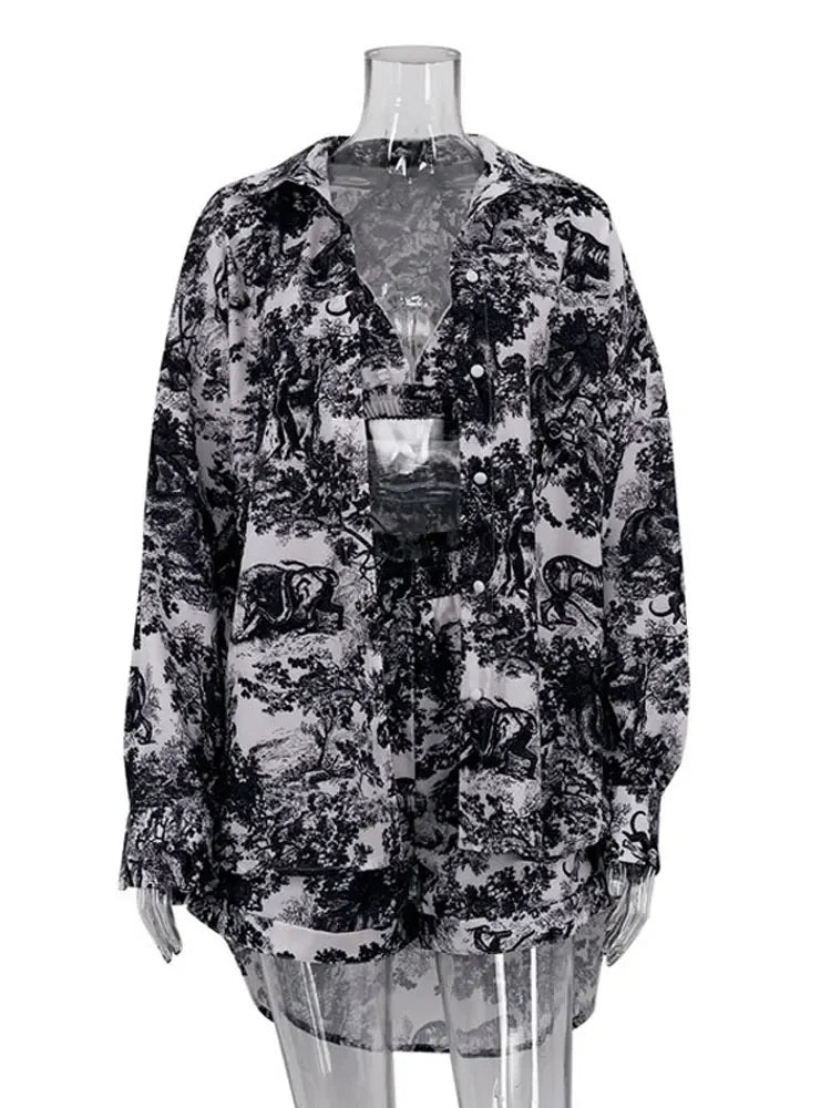 Retro Ink Shirt Three-piece Shorts Suit Women's Summer Casual Long Sleeve Button Print Fashion Shirt with Shorts Suit
