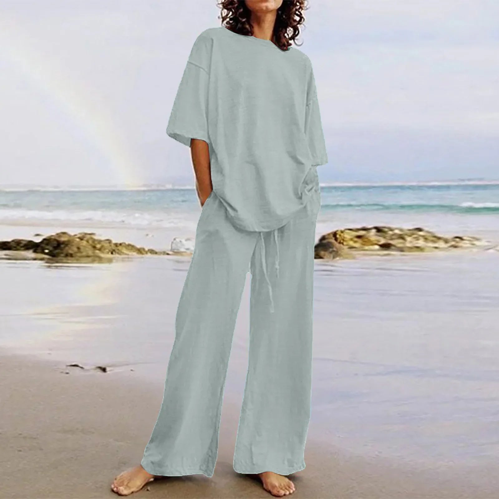 Completo Due Pezzi Donna — Top Girocollo con Tasche e Pantaloni Wide Leg Casual