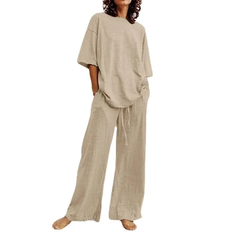 Completo Due Pezzi Donna — Top Girocollo con Tasche e Pantaloni Wide Leg Casual