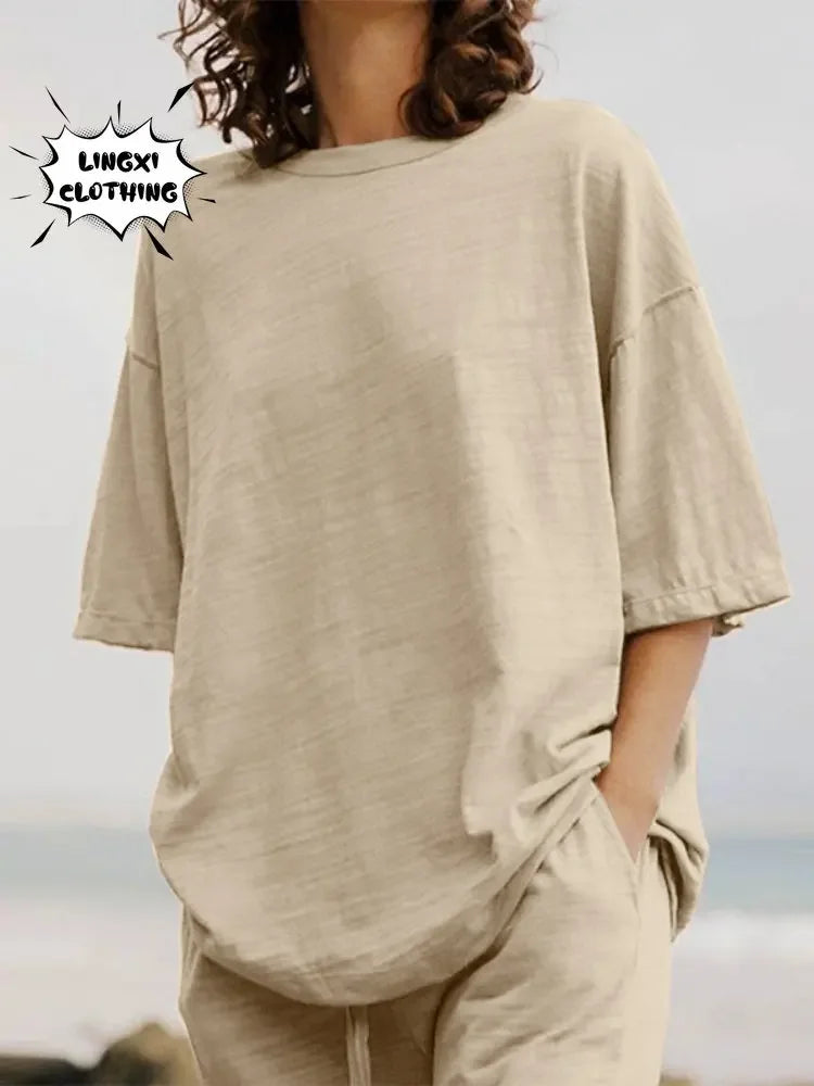 Completo Due Pezzi Donna — Top Girocollo con Tasche e Pantaloni Wide Leg Casual
