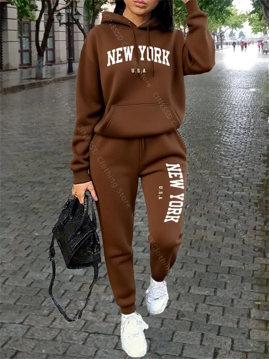 Tuta Sportiva Donna New York - Completo Felpa con Cappuccio e Pantaloni Streetwear Autunno Inverno