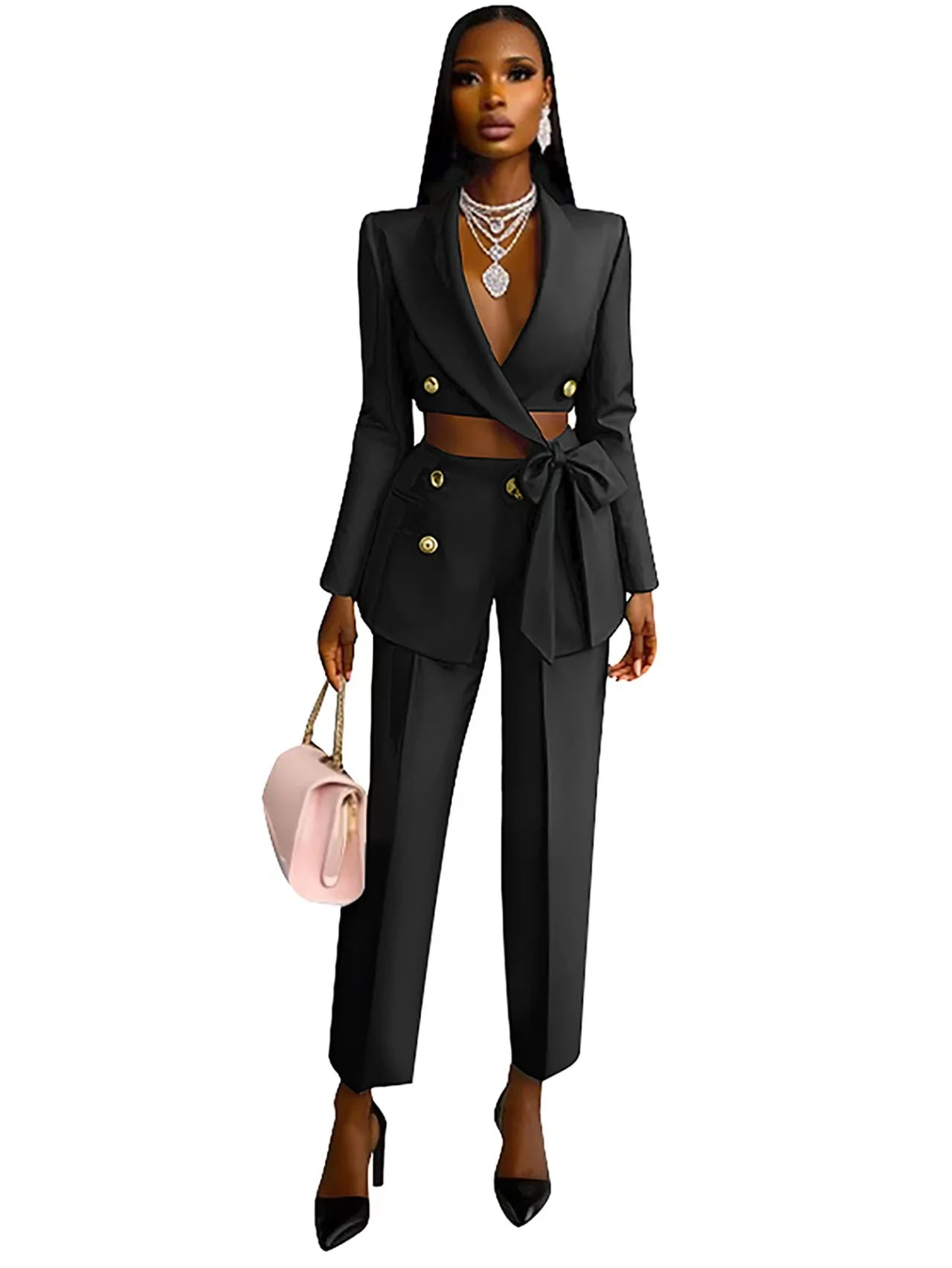 Completo Elegante Donna Blazer e Pantaloni - Giacca Lunga con Fiocco e Pantaloni Palazzo per Ufficio