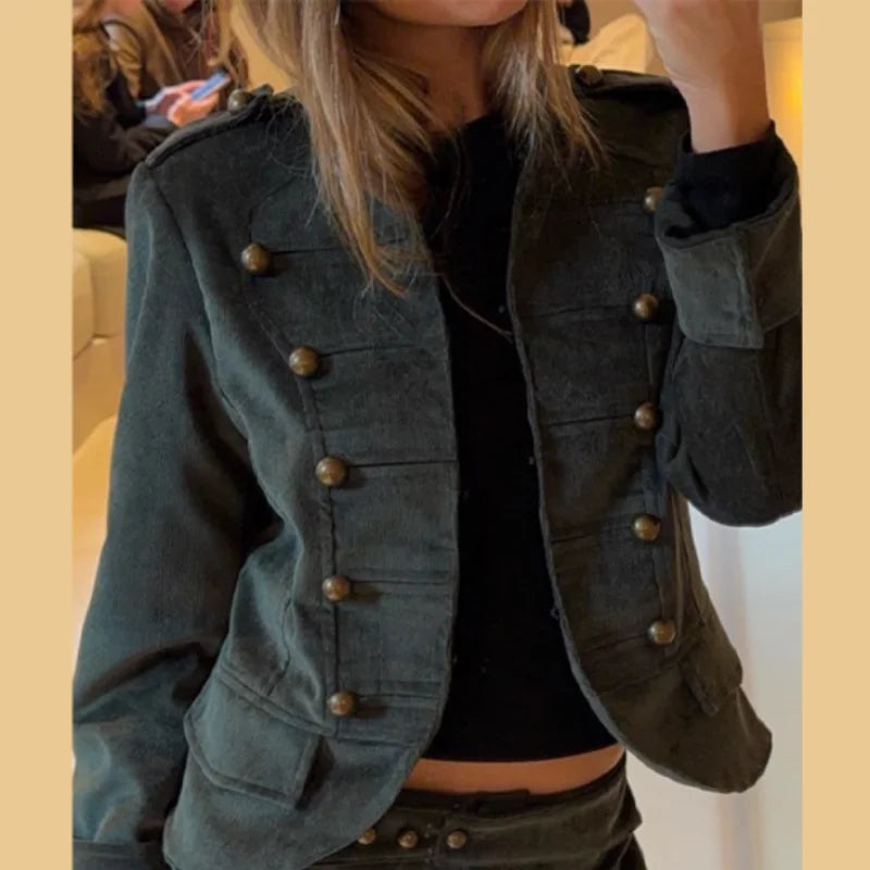 Retro Corduroy Pants Set Women Military Style Cropped Jacket Matching Wide Leg Pant Fashion Outfit Casual Streetwear Office Suit