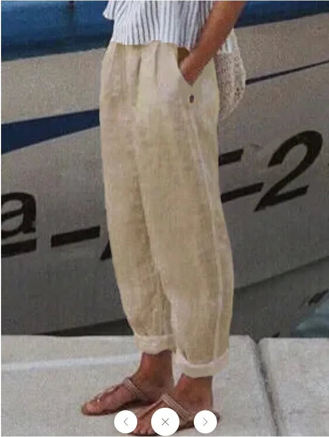 Pantaloni Donna Casual Lino Cotone Vita Elastica Tasche Laterali Comodi Primavera Estate