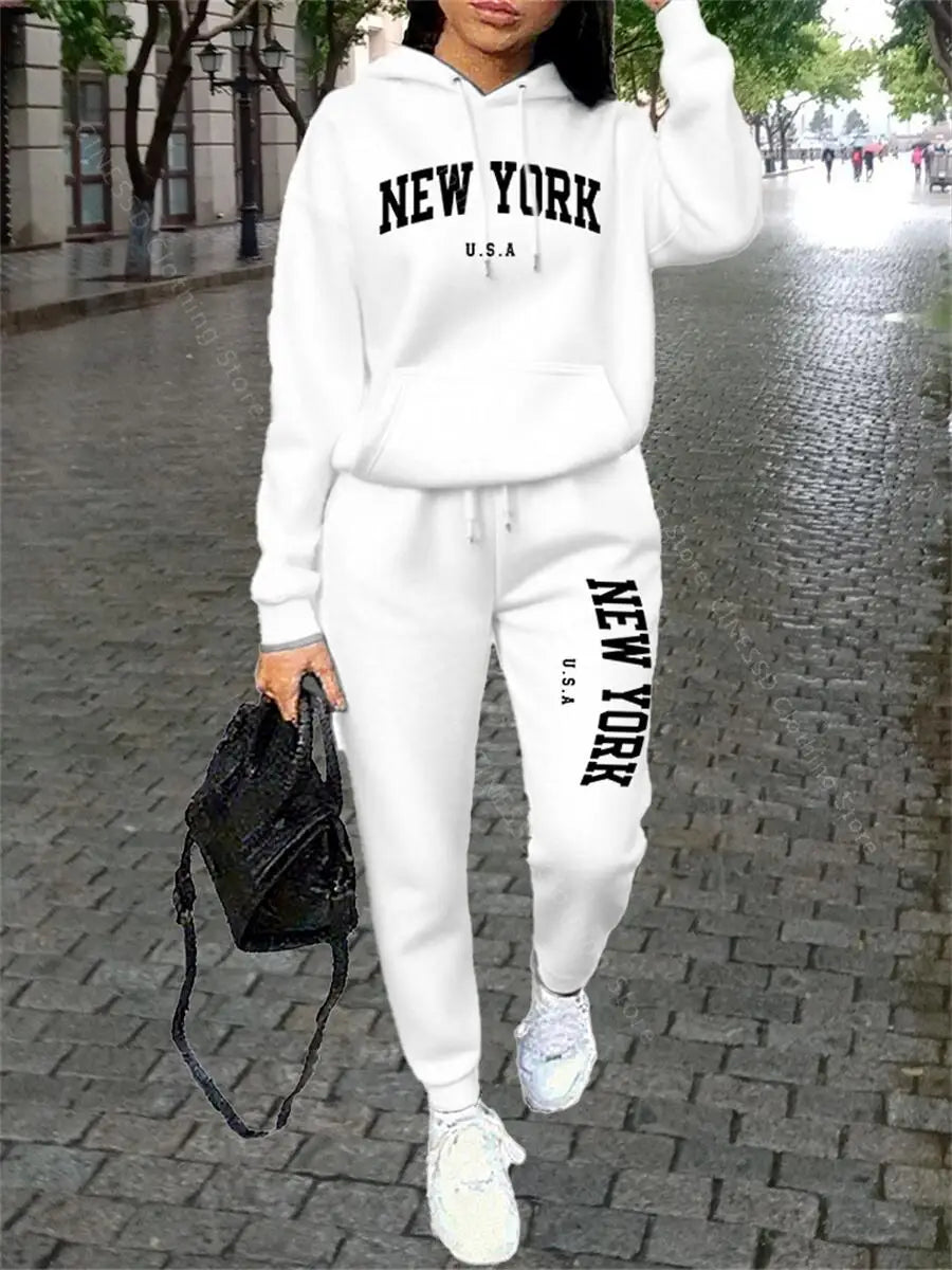 Tuta Sportiva Donna New York - Completo Felpa con Cappuccio e Pantaloni Streetwear Autunno Inverno