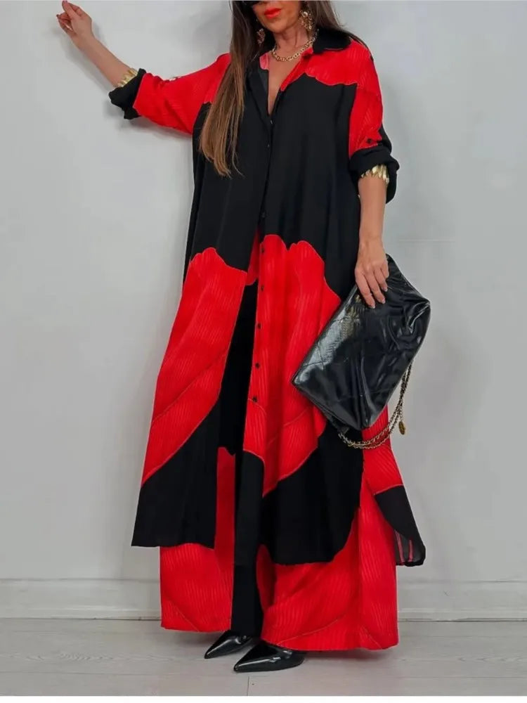 Completo Due Pezzi Donna — Camicia Lunga Stampata e Pantaloni Wide Leg Casual