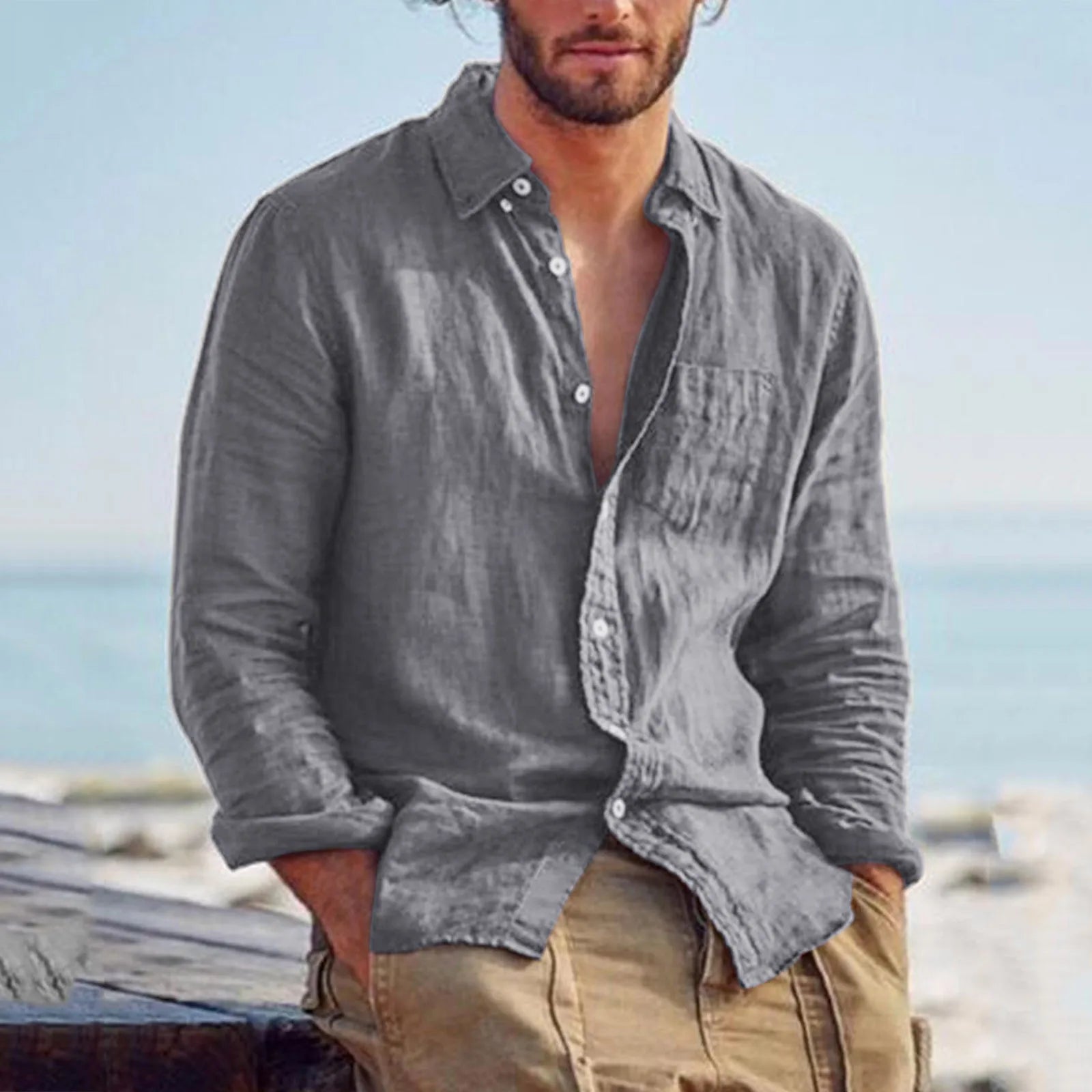 Camicia Uomo Lino Casual Retrò – Cardigan Versatile 4 Stagioni