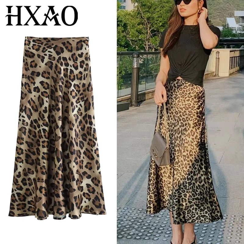HXAO Women's Skirts Leopard Long Skirts For Women Vintage Satin Animal Print Skirt Woman Fashion High Waist Elegant Midi Skirts
