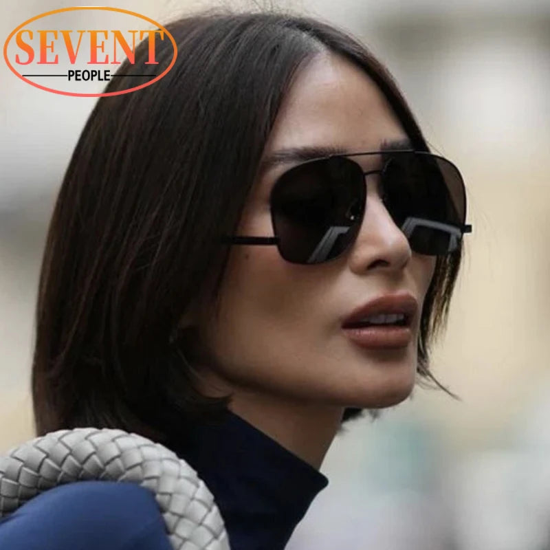 Oversized Pilot Shiled Sunglasses Women 2026 Luxury Brand Vintage Square Metal Frame Shades Eyewear For Ladies Double Beam