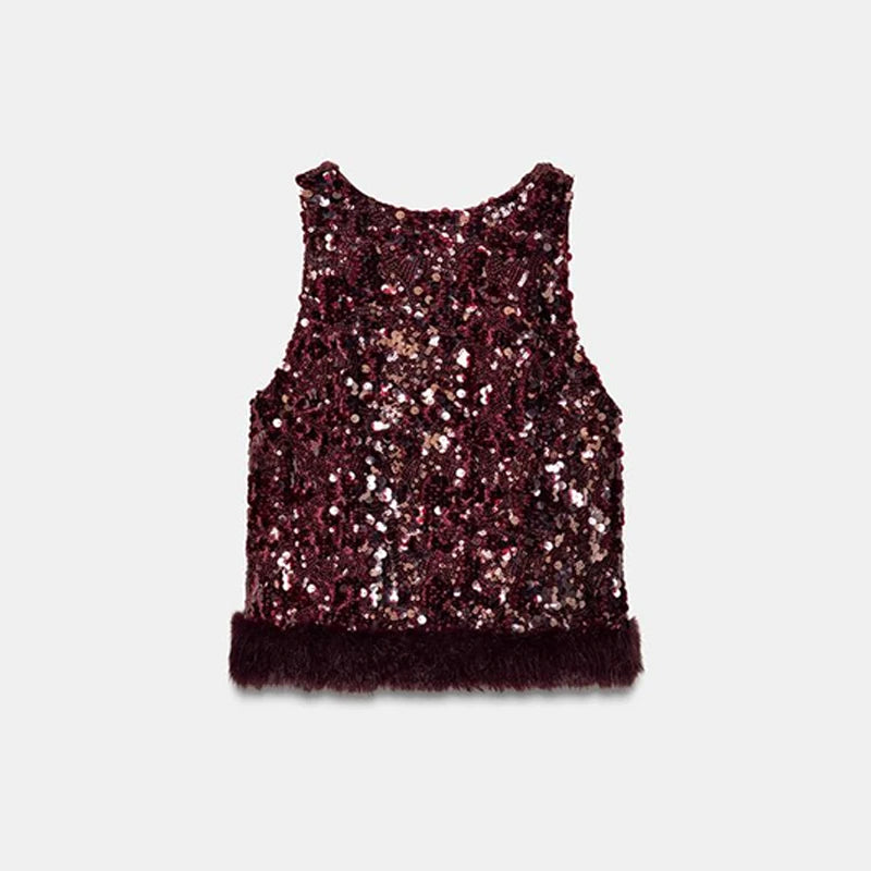 Completo Elegante Donna con Paillettes e Piume - Gilet Scollo Rotondo e Pantaloni Palazzo per Cerimonie