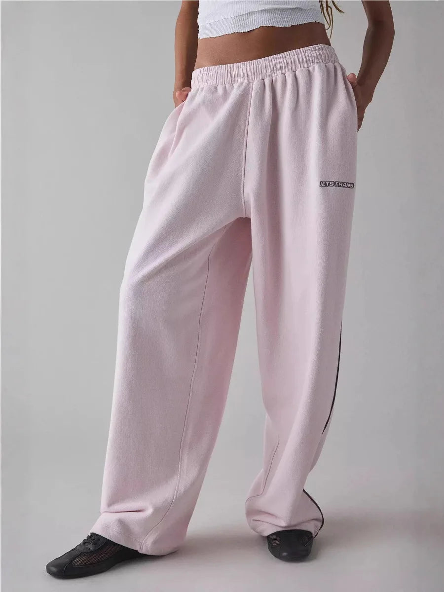 Pantaloni Donna Casual Ricamati Gamba Dritta Vita Elastica Comodi Loose Fit Estate