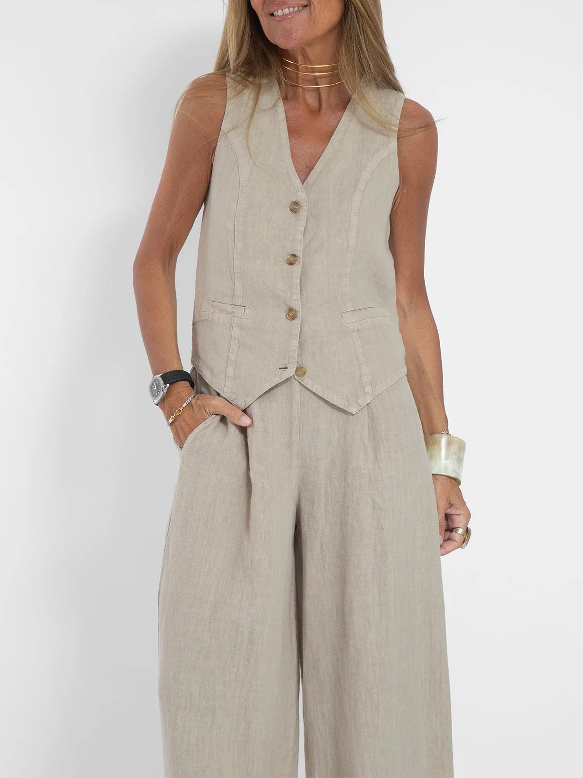 Fashion Solid Sleeveless Vest Wide Leg Pants Sets For Women Summer V-neck Button Top Pocket  Trousers Outfits Two-piece Suit