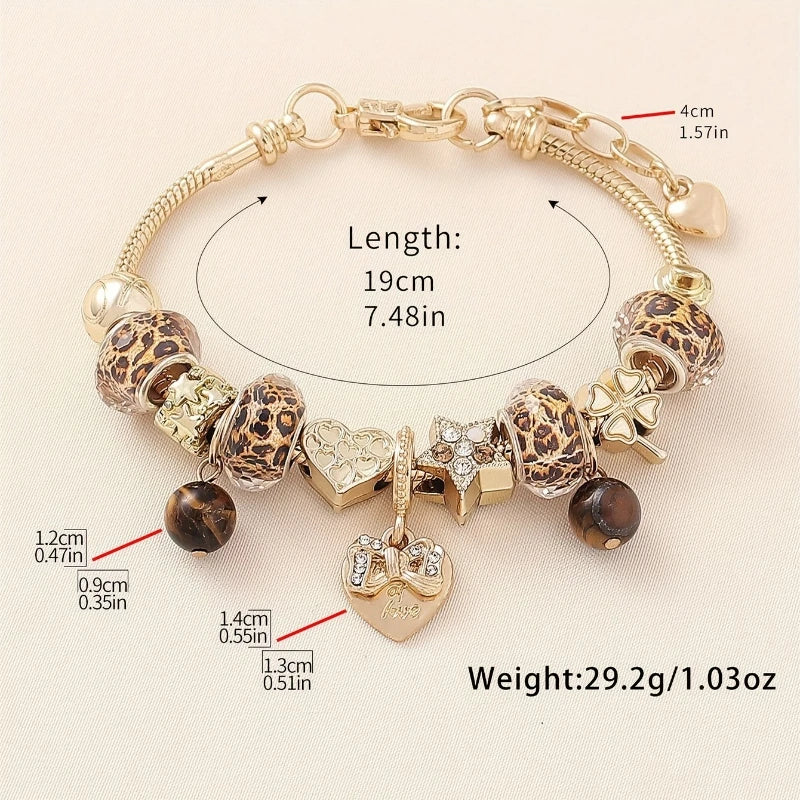 Braccialetto con Pendente a Cuore - Perline Leopardate Color Oro