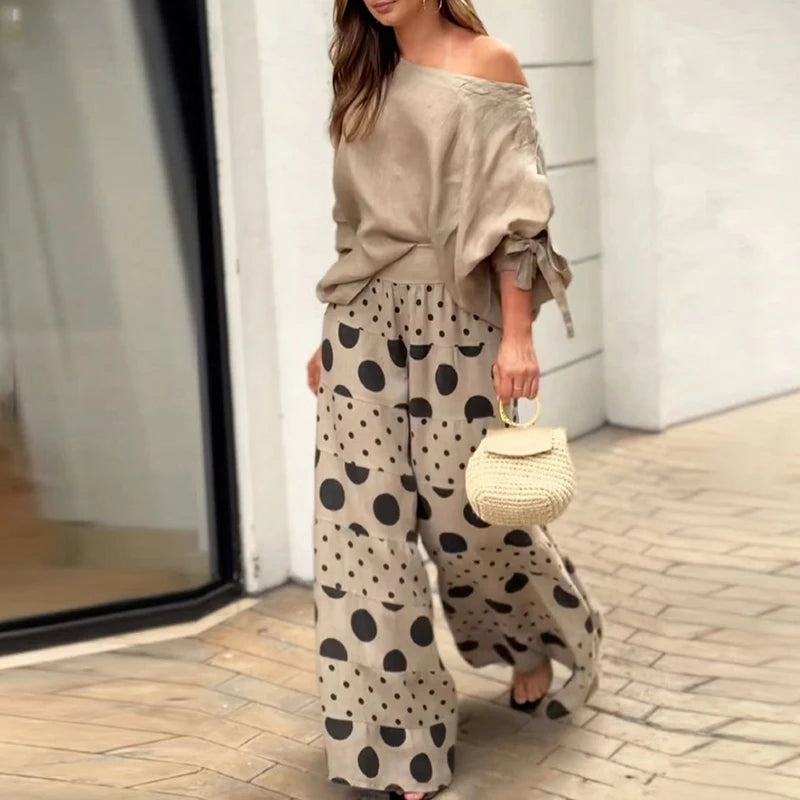 Completo Due Pezzi Donna — Top Scollo Obliquo e Pantaloni Wide Leg Casual Estivo