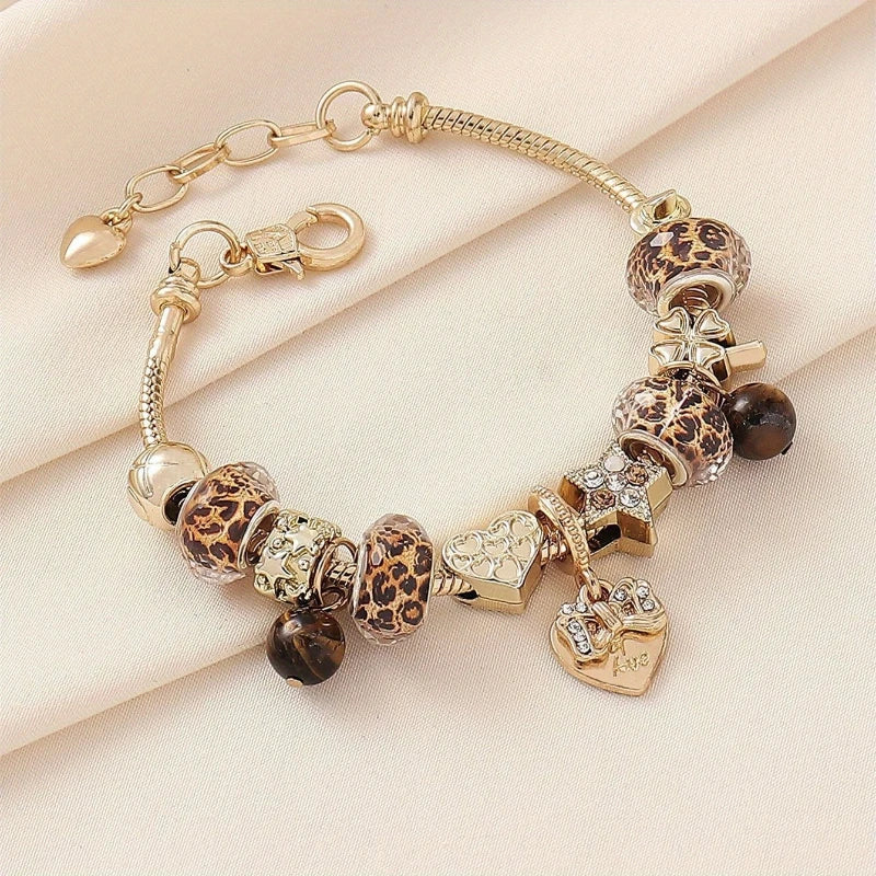 Braccialetto con Pendente a Cuore - Perline Leopardate Color Oro