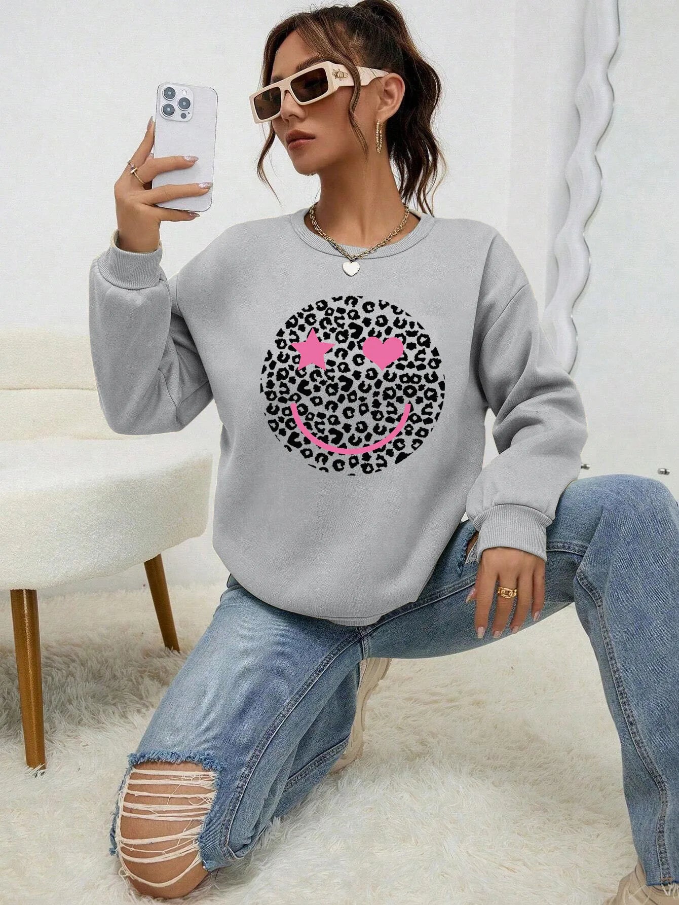 Felpa Donna Stampa Leopardo Happy Face - Pullover Fleece Streetwear Autunno Inverno