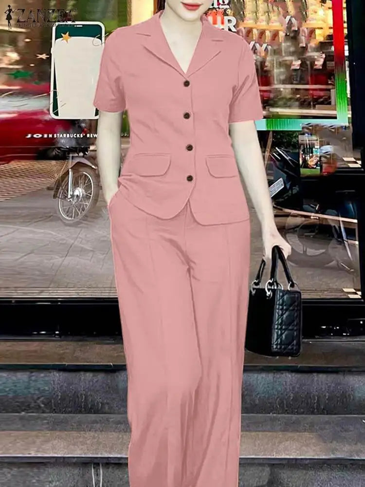 ZANZEA 2024 Elegant Women Fashion Short Sleeve Shirt Wide Leg Trousers Suits Solid Tracksuit 2PCS Summer OL Work Pants Sets