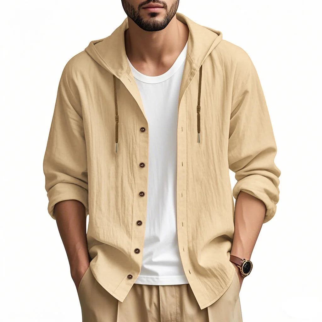 Camicia Uomo Cotone e Lino con Cappuccio – Cardigan Casual Beach Loose Fit