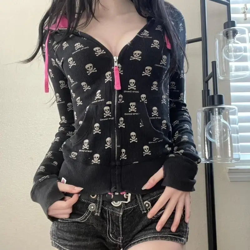 Felpa con Cappuccio Donna Punk Skull Harajuku - Giacca Crop Y2K Gothic con Zip