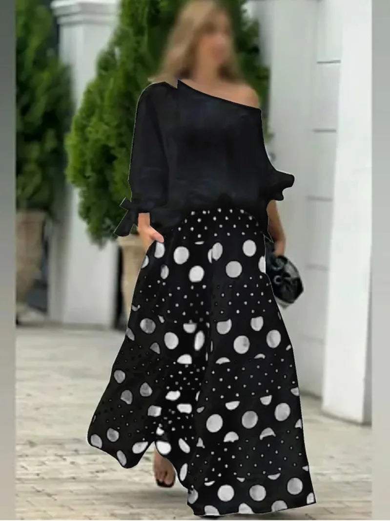 Completo Due Pezzi Donna — Top Scollo Obliquo e Pantaloni Wide Leg Casual Estivo