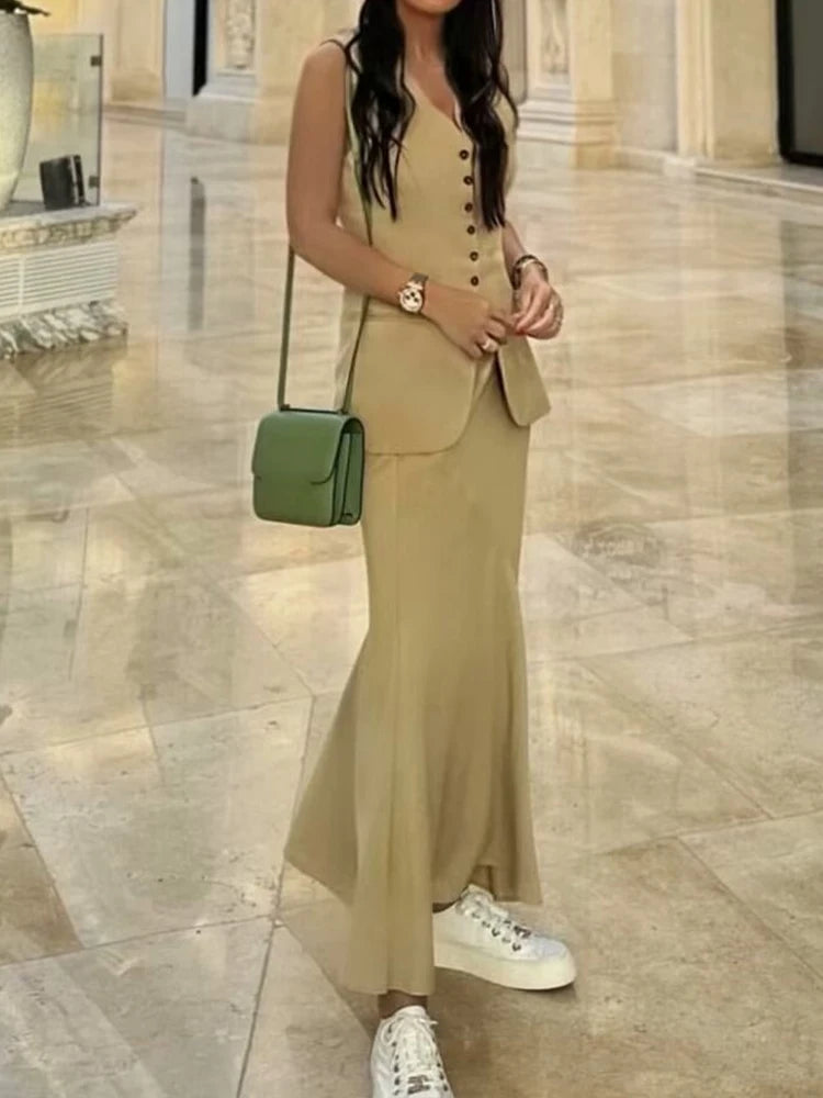 HH Women Vest Skirt Sets Female Khaki Long Blazer Vest V Neck Sleeveless Slim Top+Elegant High Waist A Line Skirt Suit TRAF