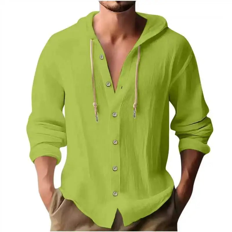 Camicia Uomo Cotone e Lino con Cappuccio – Cardigan Casual Beach Loose Fit
