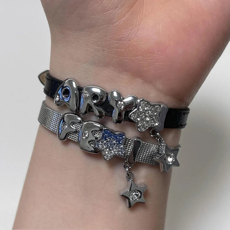 Punk Subculture Diamands Star Letter Wide Bracelets Simple Vintage Casual All-matched Accessories Vacation Jewelry