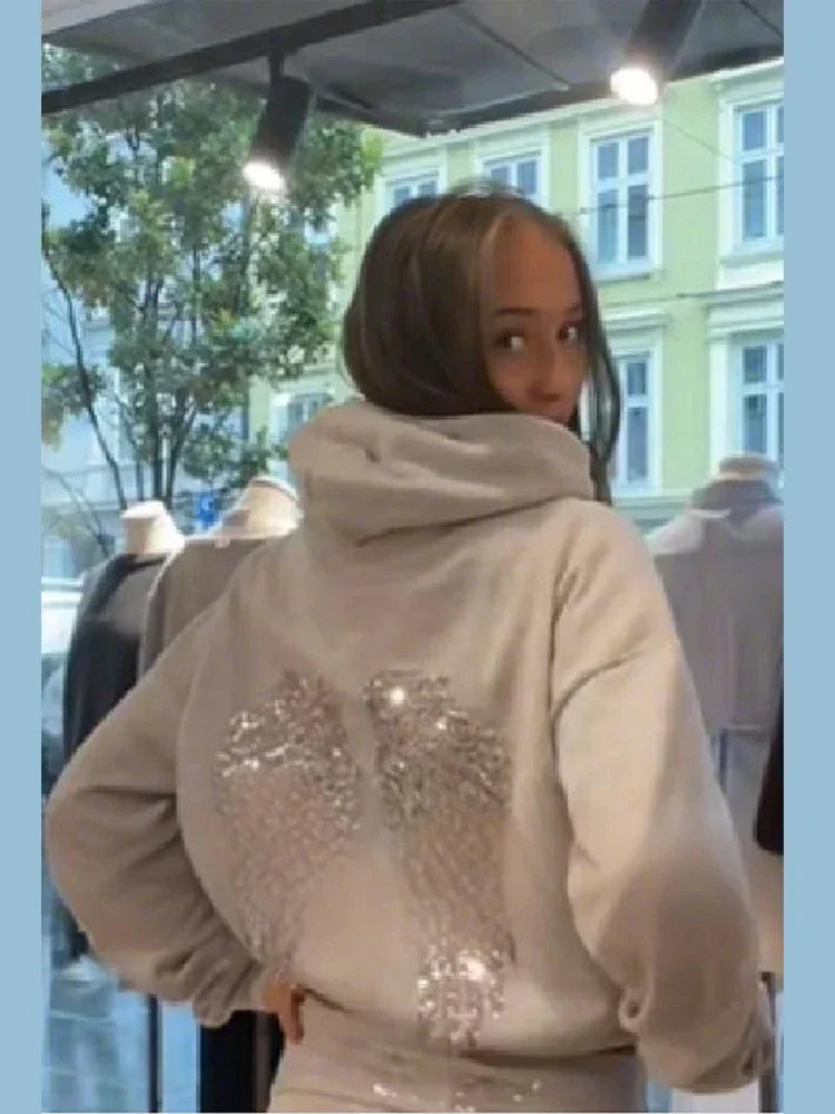 Felpa con Cappuccio Donna Gothic Paillettes Ali d'Angelo - Pullover Loose Autunno Inverno