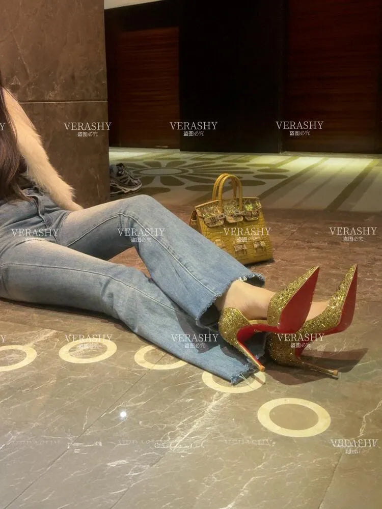 Golden Age 2025 Summer New Style Side Air Gold Style Fine Heels Pointed Red Bottom High Heels Water Diamond Single Shoes