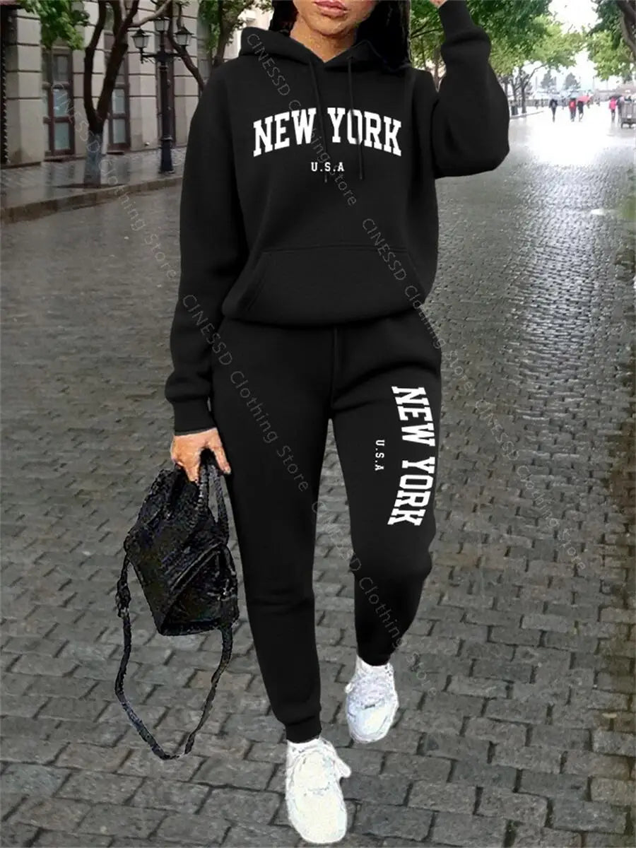 Tuta Sportiva Donna New York - Completo Felpa con Cappuccio e Pantaloni Streetwear Autunno Inverno