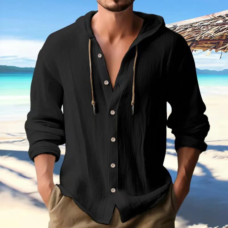 Camicia Uomo Cotone e Lino con Cappuccio – Cardigan Casual Beach Loose Fit