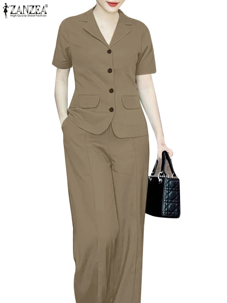 ZANZEA 2024 Elegant Women Fashion Short Sleeve Shirt Wide Leg Trousers Suits Solid Tracksuit 2PCS Summer OL Work Pants Sets
