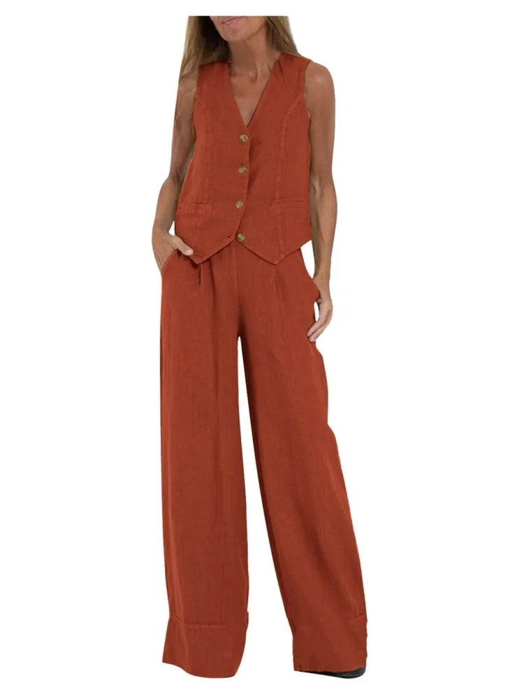 Fashion Solid Sleeveless Vest Wide Leg Pants Sets For Women Summer V-neck Button Top Pocket  Trousers Outfits Two-piece Suit