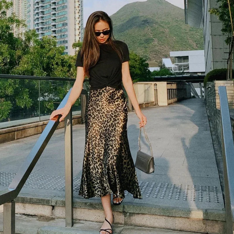 HXAO Women's Skirts Leopard Long Skirts For Women Vintage Satin Animal Print Skirt Woman Fashion High Waist Elegant Midi Skirts