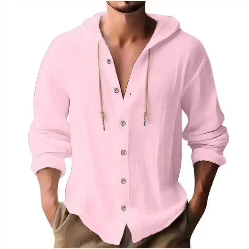 Camicia Uomo Cotone e Lino con Cappuccio – Cardigan Casual Beach Loose Fit