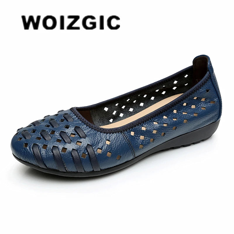 WOIZGIC Mother Women Shoes Sandals Flats Hollow Out Genuine Leather Slip On Loafers Soft Summer Beach Vintage Plus Size 42 43