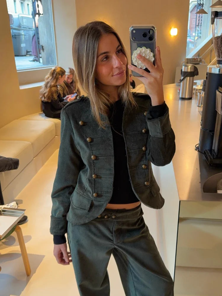 Retro Corduroy Pants Set Women Military Style Cropped Jacket Matching Wide Leg Pant Fashion Outfit Casual Streetwear Office Suit