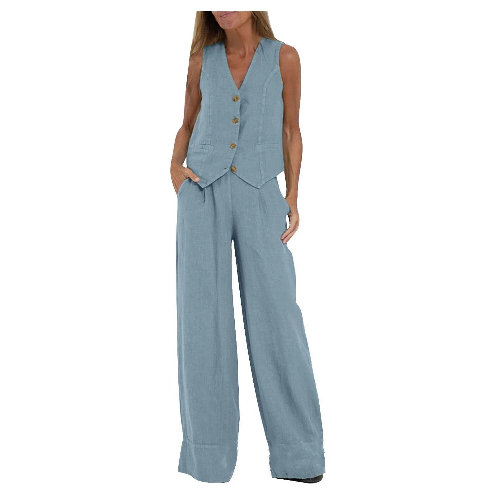 Fashion Solid Sleeveless Vest Wide Leg Pants Sets For Women Summer V-neck Button Top Pocket  Trousers Outfits Two-piece Suit