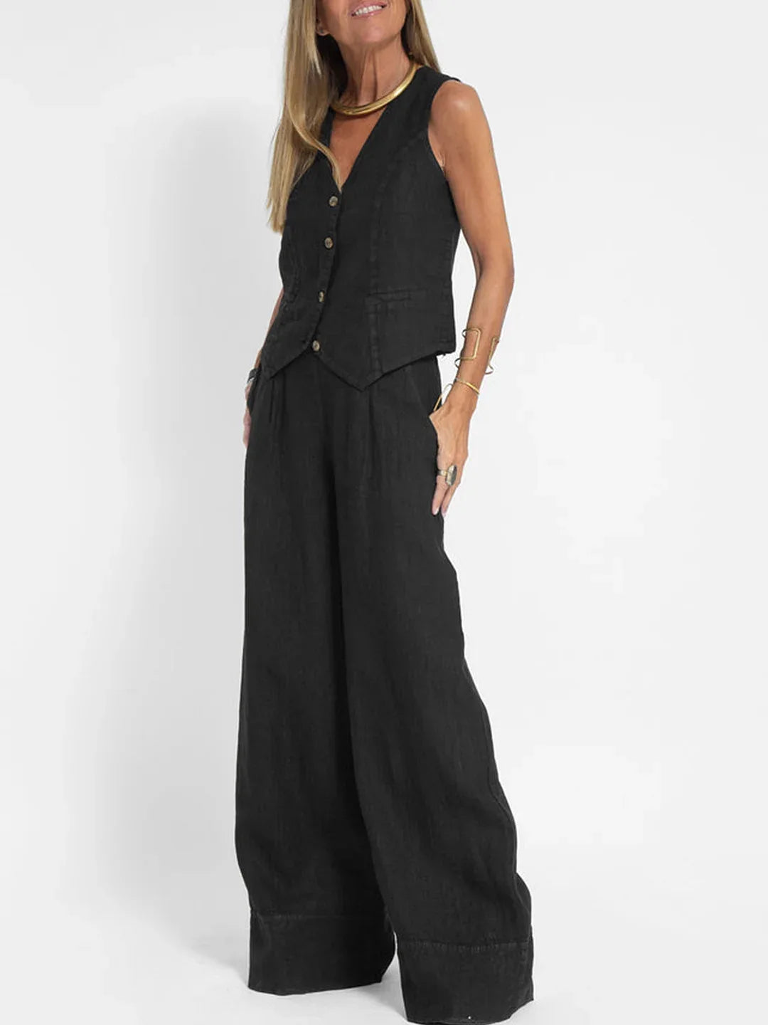 Fashion Solid Sleeveless Vest Wide Leg Pants Sets For Women Summer V-neck Button Top Pocket  Trousers Outfits Two-piece Suit
