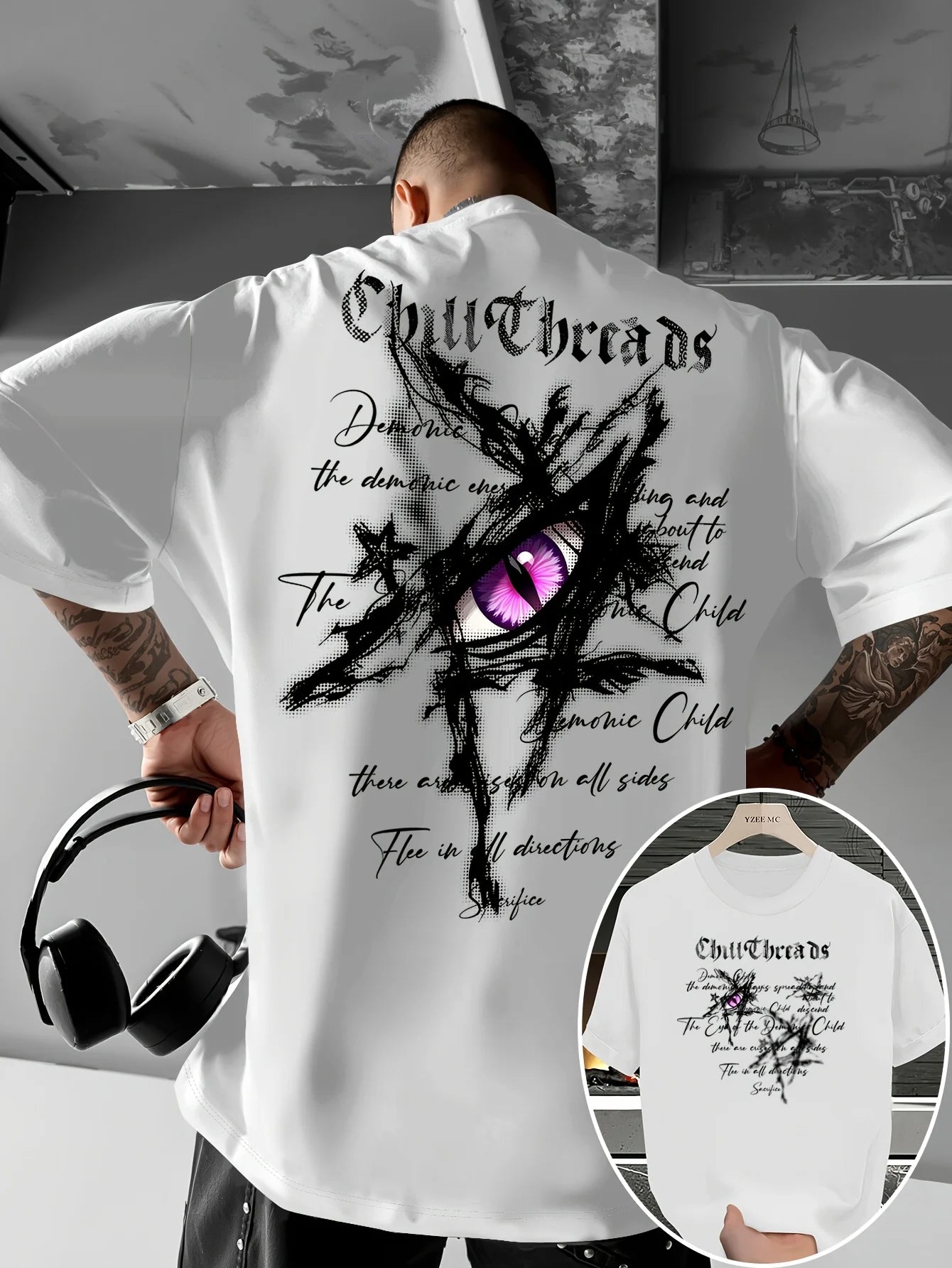 T-shirt Uomo 100% Cotone – Stampa "Eye of The Devil" Loose Fit Estiva